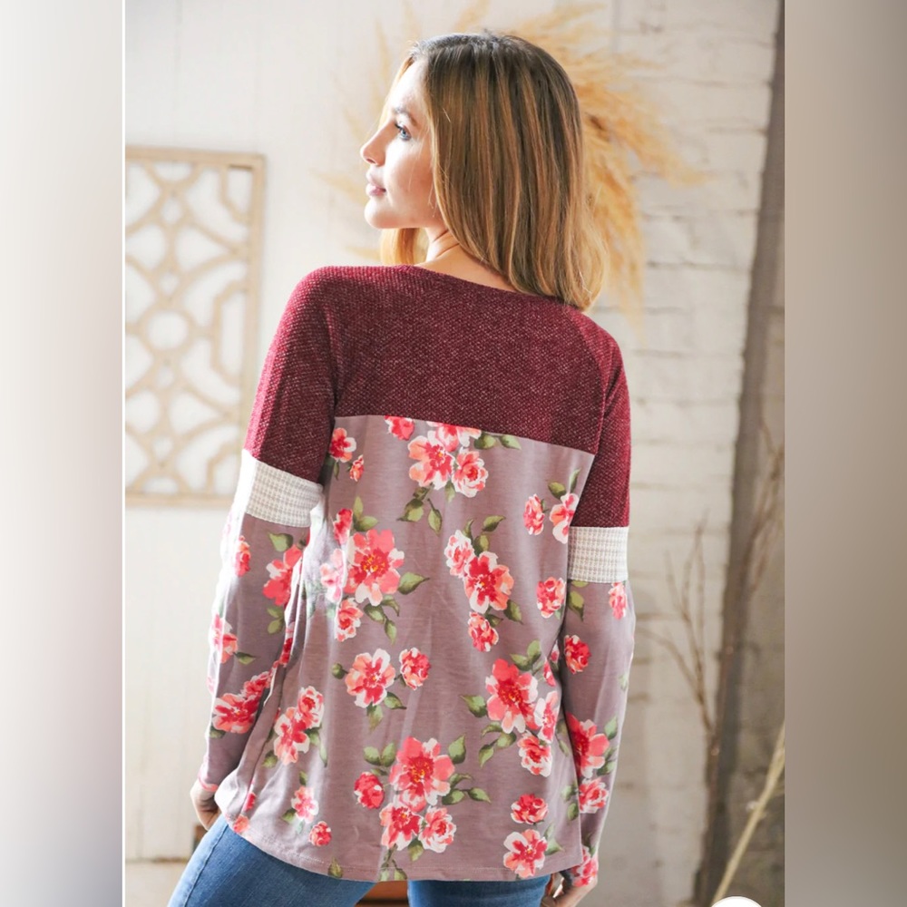Burgundy Floral Color Block Top - Picture 3 of 7